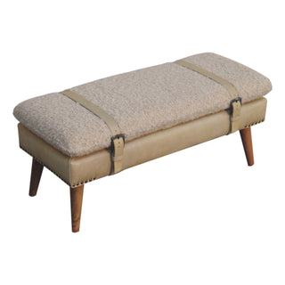 Leg detail view of Pampas Hallway Bench Cream bouclé Beige Buffalo Leather Base Brass Studs Belt Strap Oak Legs
