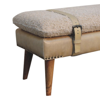 Seat detail view of Pampas Hallway Bench Cream bouclé Beige Buffalo Leather Base Brass Studs Belt Strap Oak Legs