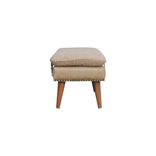 Rear angle view of Pampas Hallway Bench Cream bouclé Beige Buffalo Leather Base Brass Studs Belt Strap Oak Legs