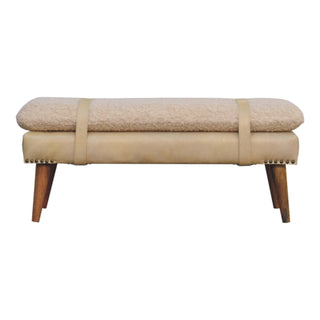 Additional angle of Pampas Hallway Bench Cream bouclé Beige Buffalo Leather Base Brass Studs Belt Strap Oak Legs