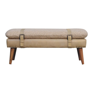 Front view of Pampas Hallway Bench Cream bouclé Beige Buffalo Leather Base Brass Studs Belt Strap Oak Legs