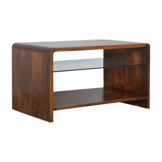 Side angle view of Pane Coffee Table Solid Mango Wood Glass Lower Shelf Slab Sides Chestnut