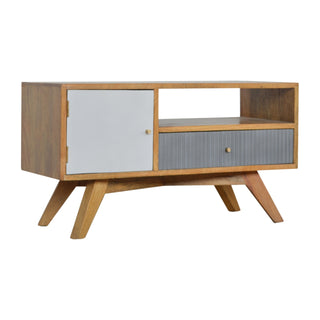 Side angle view of Parlo Media Unit Oak and Grey Asymmetric Cabinet Door Ribbed Drawer Candle Knob with Nordic Legs