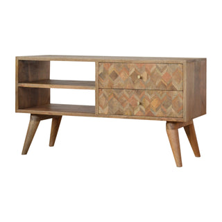 Side angle view of Patchwork Media Unit Oak Mango Wood Multicolour Parquet Wood Mosaic Drawers with Nordic Legs