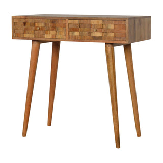 Side angle view of Paxon Slim Console Table Single Full-Width Drawer Hand-Carved Tile Relief Natural Oak Mango Wood