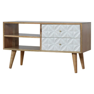 Side angle view of Pearl Media Unit Oak and White Hand-Painted Diamond-Carved Drawer Fronts with Nordic Tapered Legs