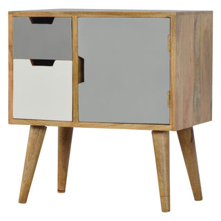 Side angle view of Pebble Bedside Cabinet Grey White Two-Tone Painted Drawers Oak Frame
