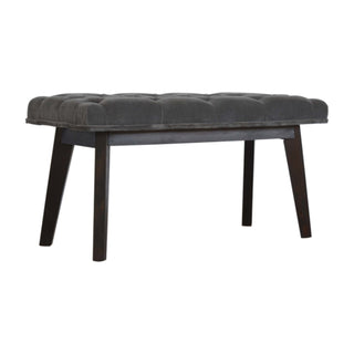 Angled view of Pebble Hallway Bench Grey Velvet Deep Button Tufted Long Rectangular Near-Black Nordic Legs
