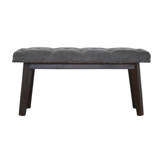 Front view of Pebble Hallway Bench Grey Velvet Deep Button Tufted Long Rectangular Near-Black Nordic Legs