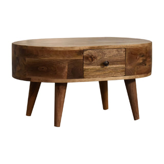 Side angle view of Pebble Small Coffee Table Oval Solid Mango Wood Single Drawer Nordic Legs