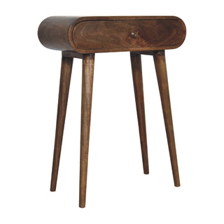 Side angle view of Pebble Small Console Table with Drawer Greywash Pill-Shaped Top