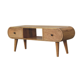 Pello Media Unit Natural Oak Pill Shape Twin Knob Drawers Open Shelf – rear view showing natural oak construction