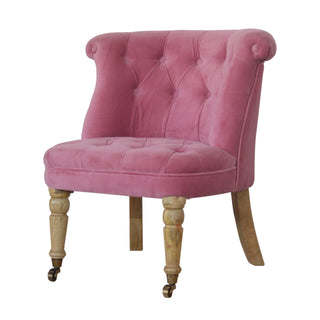Angled view of Peony Accent Chair Pink Velvet Buttoned Tub Caster Oak Leg