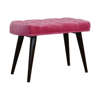 Angled view of Petal Upholstered Bench Dusty Rose Velvet Deep Button Tufted Compact Nordic Legs