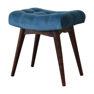 Angled view of Petite Upholstered Bench Teal Velvet Deep Button Tufted Curved Saddle Mini Footstool