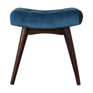 Front view of Petite Upholstered Bench Teal Velvet Deep Button Tufted Curved Saddle Mini Footstool