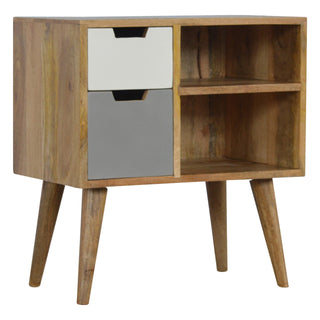Side angle view of Pixel Display Cabinet Open-Cubby Grey White Painted Drawers Natural Oak Frame
