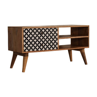 Side angle view of Pixel Media Unit Oak Mango Wood Black and White Circle-Diamond Print Single Drawer with Nordic Legs
