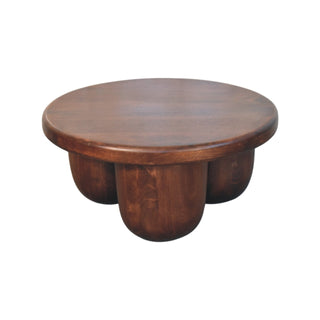 Side angle view of Pod Round Coffee Table Solid Mango Wood Clustered Pillar Legs Winewood Oak