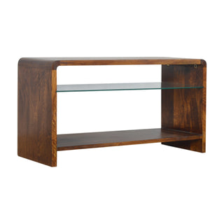 Side angle view of Praxis Media Unit Chestnut Mango Wood Waterfall Frame Glass Shelf Insert No-Drawer Open Design