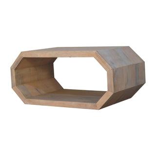 Side angle view of Prism Coffee Table Solid Wood Open Frame Hexagonal Ring Lime Marble Finish
