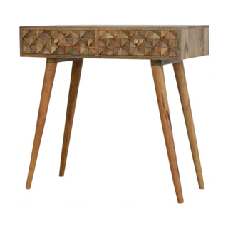 Side angle view of Prism Console Table with Drawers Diamond Carved Relief Oak Mango Wood