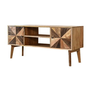 Side angle view of Prism Media Unit Mixed Wood 3D Faceted Angular Door Panels with Open Shelf and Nordic Legs