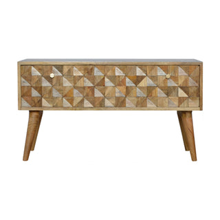 Front view of Prism Storage Bench Solid Mango Wood Hand-Carved Diamond Geometric Door Cabinet Nordic Legs