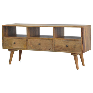 Trine TV Media Unit Raw Natural Oak Mango Wood Three Drawers Triple Open Slots with Nordic Legs