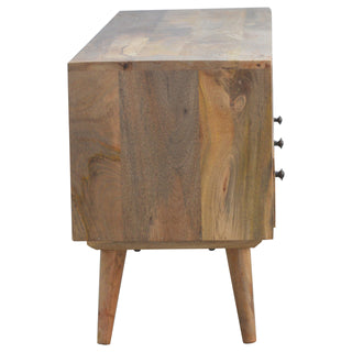 Trine TV Media Unit Raw Natural Oak Mango Wood Three Drawers Triple Open Slots with Nordic Legs