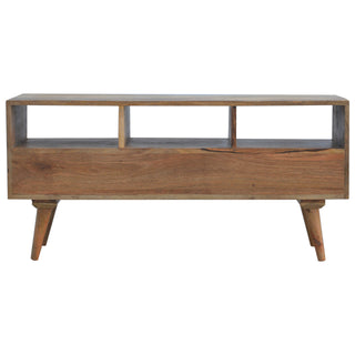 Trine TV Media Unit Raw Natural Oak Mango Wood Three Drawers Triple Open Slots with Nordic Legs