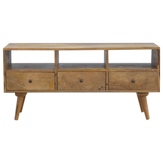 Trine TV Media Unit Raw Natural Oak Mango Wood Three Drawers Triple Open Slots with Nordic Legs