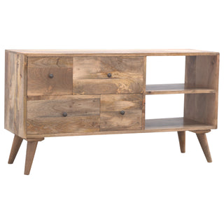 Timber Media Unit Natural Oak Mango Wood Four Drawers Wooden Knobs & Runners with Nordic Legs