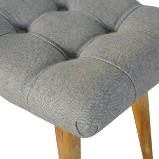 Ash Upholstered Bench Grey Tweed Curved Saddle Seat Weathered Grey Wash Nordic Legs