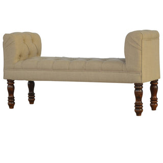 Dove Bedroom Bench Mud Linen Scroll Arms Deep Button Tufted Turned Light Walnut Legs