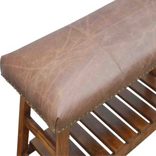 Ranger Shoe Storage Bench Buffalo Hide Leather Seat Slatted Wood Shelf Brass Studs Light Walnut