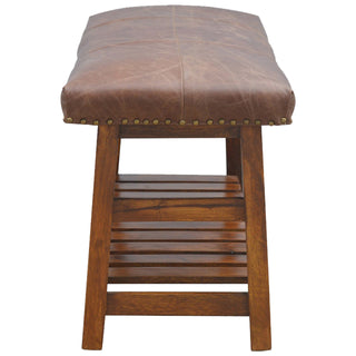 Ranger Shoe Storage Bench Buffalo Hide Leather Seat Slatted Wood Shelf Brass Studs Light Walnut