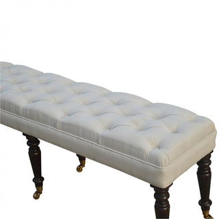Lily Hallway Bench White Cotton Button Tufted Extra-Long Multi Turned Legs Brass Castors