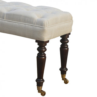 Lily Hallway Bench White Cotton Button Tufted Extra-Long Multi Turned Legs Brass Castors