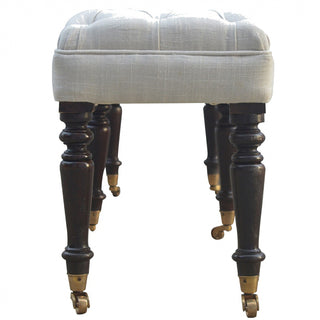 Lily Hallway Bench White Cotton Button Tufted Extra-Long Multi Turned Legs Brass Castors