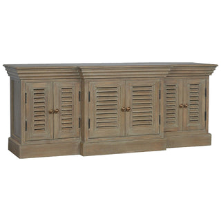 Shore TV Media Unit Grey-Washed Mango Wood Six French Shutter Cabinet Doors with Plinth Base