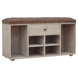 Chester Shoe Storage Cabinet Bench Tufted Tweed Seat Open Cubbies Grey-Wash