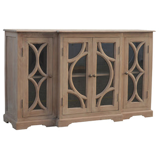 Margot Media Unit Sun-Bleached Mango Wood Antique Glazed Fretwork Cabinet Doors with Plinth Base