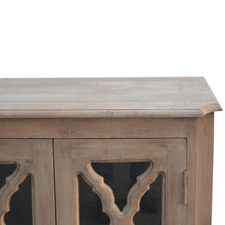 Quatrefoil Sideboard Cabinet with Carved Lattice Glazed Doors in Sun-Bleached Finish