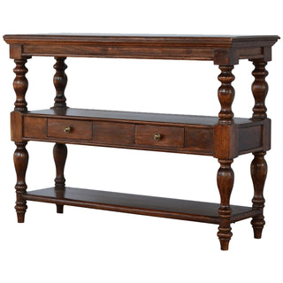 Rowan Console Table with Storage Triple Shelf Single Drawer Bold Turned Legs Dark Walnut