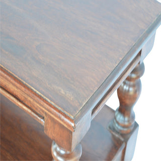 Rowan Console Table with Storage Triple Shelf Single Drawer Bold Turned Legs Dark Walnut
