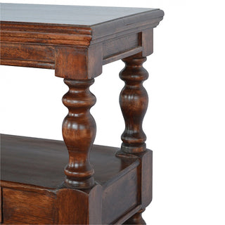 Rowan Console Table with Storage Triple Shelf Single Drawer Bold Turned Legs Dark Walnut