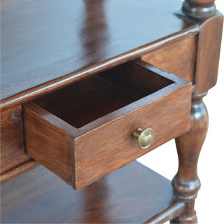 Rowan Console Table with Storage Triple Shelf Single Drawer Bold Turned Legs Dark Walnut