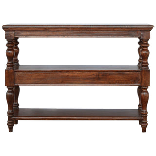Rowan Console Table with Storage Triple Shelf Single Drawer Bold Turned Legs Dark Walnut