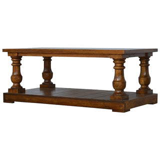 Regal Coffee Table Solid Mango Wood Baluster Turned Legs Lower Shelf